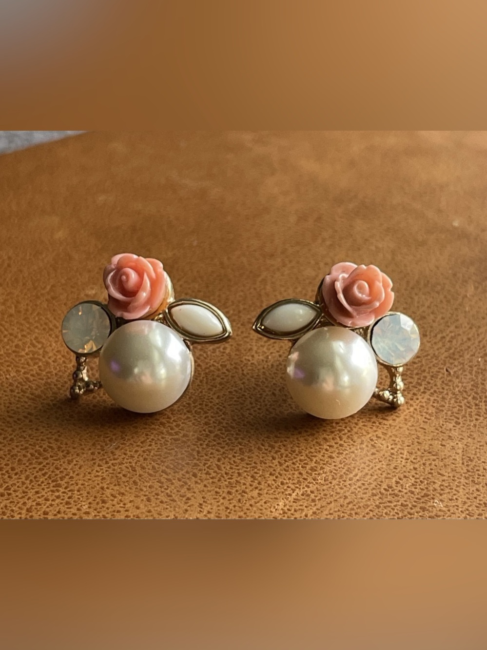 Pink Rose Faux Pearl Floral Cluster Stud Earrings